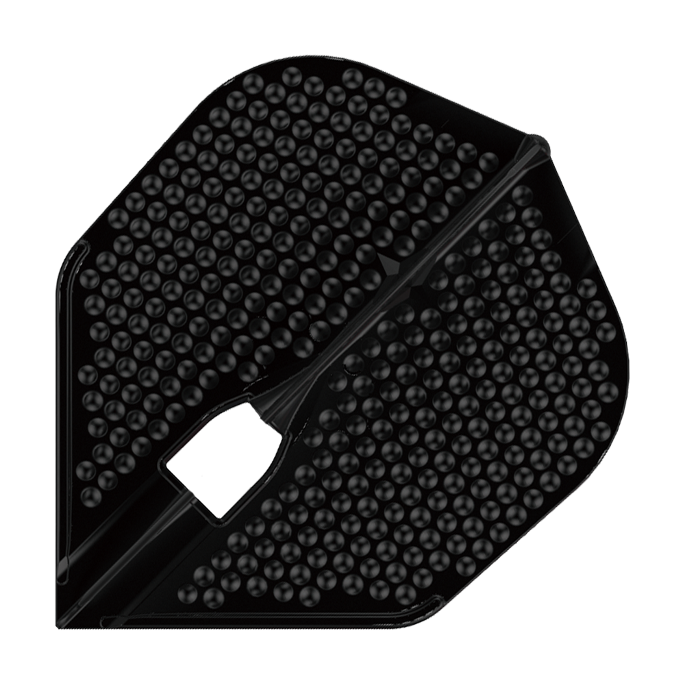 Das Bild zeigt ein schwarzes Dart-Flight mit Noppenstruktur. Es handelt sich um das Modell "L-Style Flights Dimple Champagne L3PRO Shape".